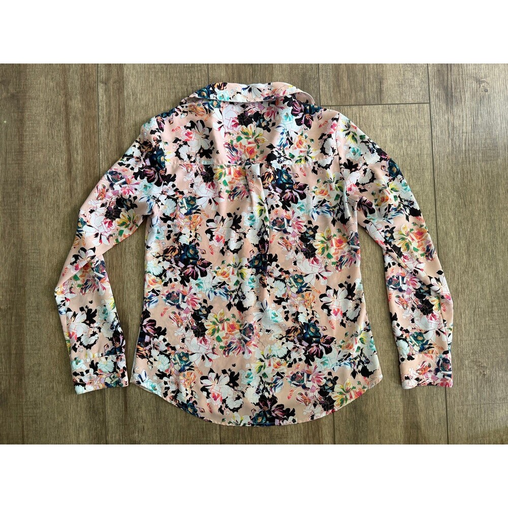 EXPRESS Floral Button Down Shirt Pastel Pink Roll-Tab Long Sleeve Blouse XS - Picture 9 of 9